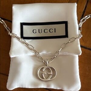 Gucci Sterling Silver Interlocking Double GG Logo Necklace Chain Pendant 20"
